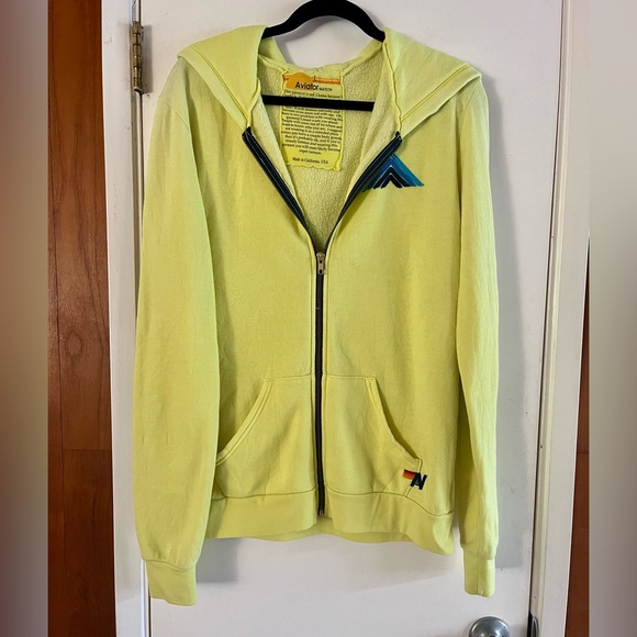 Aviator Nation Neon Yellow Blue Stripe Zip Up Hoodie - Picture 2 of 6